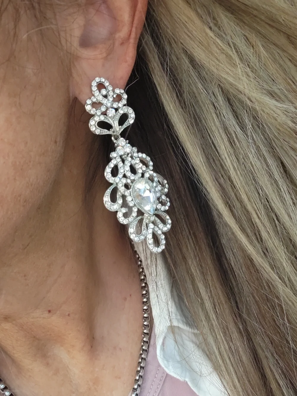 Vintage Silver Crystal Teardrop Filigree Dangle Earrings